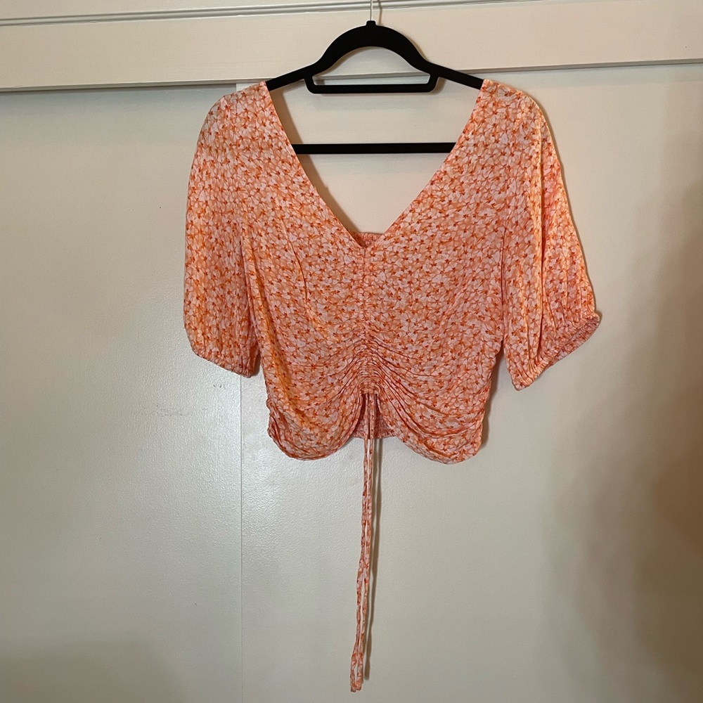 H&M Orange Floral Ruched Crop Blouse